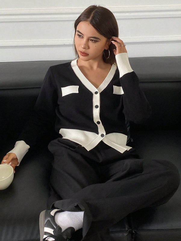 Dazy cardigan casual y elegante de mujer con ribete de contraste en escote en v, manga larga, para otono/invierno