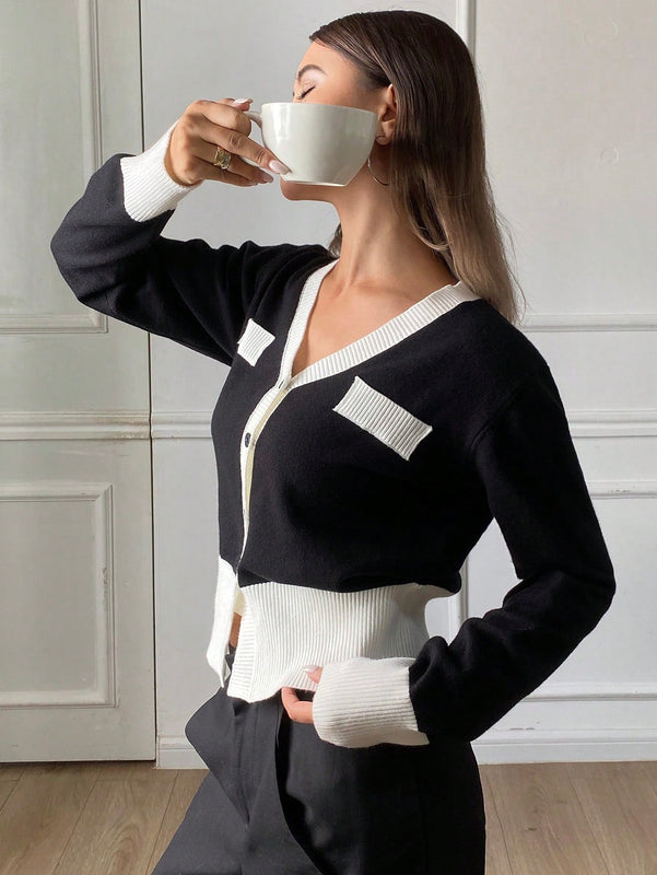Dazy cardigan casual y elegante de mujer con ribete de contraste en escote en v, manga larga, para otono/invierno
