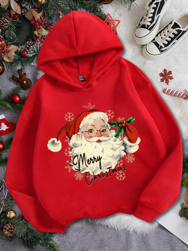 Ezwear sudadera con capucha de ajuste holgado y gruesa con estampado minimalista "feliz ano nuevo" de color rojo casual para mujer