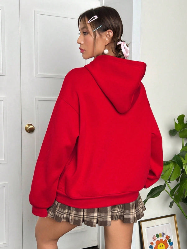 Ezwear sudadera con capucha de ajuste holgado y gruesa con estampado minimalista "feliz ano nuevo" de color rojo casual para mujer