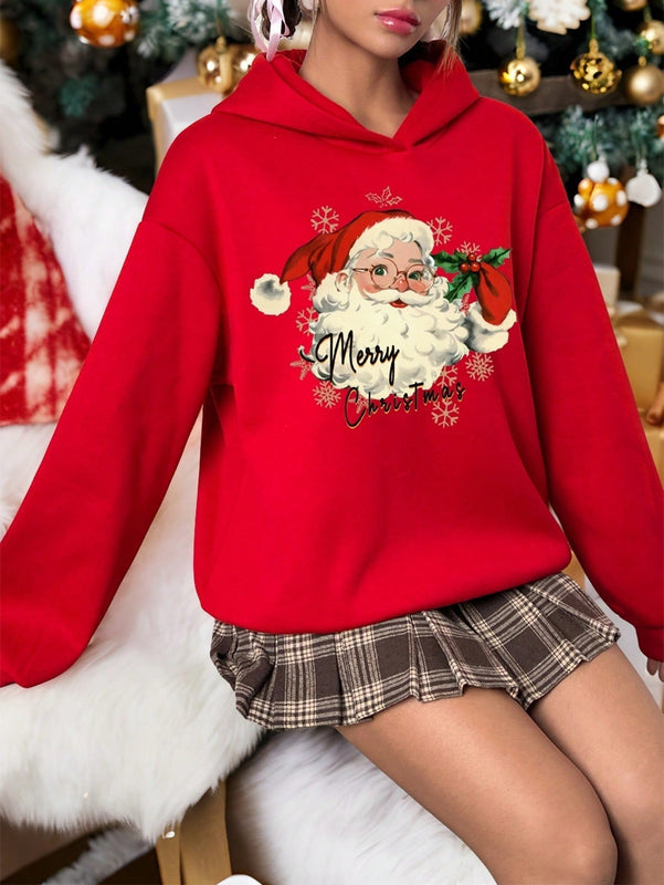 Ezwear sudadera con capucha de ajuste holgado y gruesa con estampado minimalista "feliz ano nuevo" de color rojo casual para mujer
