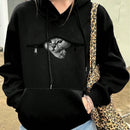 Ezwear sudadera holgada y casual de mujer con cremallera estampada con un gato lindo, sudadera con capucha negra de manga larga con hombros caidos