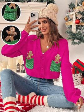 Essnce cardigan de manga larga con grafico de hombre de jengibre minimalista y casual para mujer, navidad