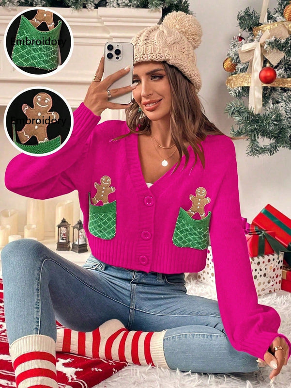 Essnce cardigan de manga larga con grafico de hombre de jengibre minimalista y casual para mujer, navidad