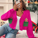 Essnce cardigan de manga larga con grafico de hombre de jengibre minimalista y casual para mujer, navidad