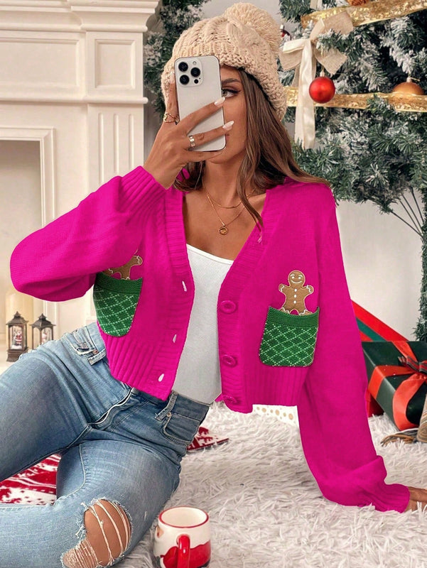 Essnce cardigan de manga larga con grafico de hombre de jengibre minimalista y casual para mujer, navidad