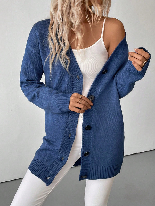 Essnce cardigan grueso y calido con cuello en v y botones para mujer, color azul