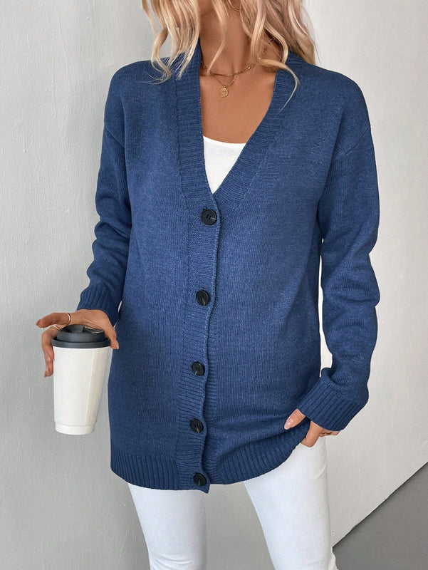 Essnce cardigan grueso y calido con cuello en v y botones para mujer, color azul