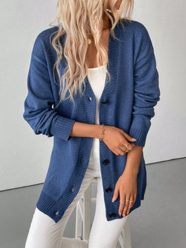 Essnce cardigan grueso y calido con cuello en v y botones para mujer, color azul