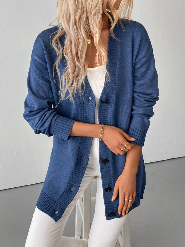 Essnce cardigan grueso y calido con cuello en v y botones para mujer, color azul