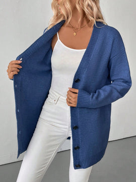 Essnce cardigan grueso y calido con cuello en v y botones para mujer, color azul