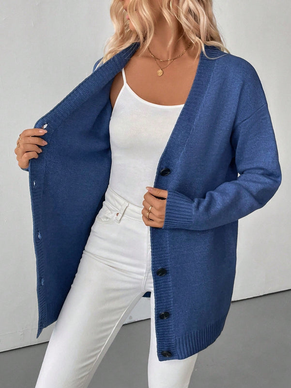 Essnce cardigan grueso y calido con cuello en v y botones para mujer, color azul