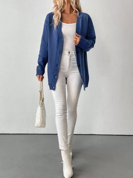 Essnce cardigan grueso y calido con cuello en v y botones para mujer, color azul