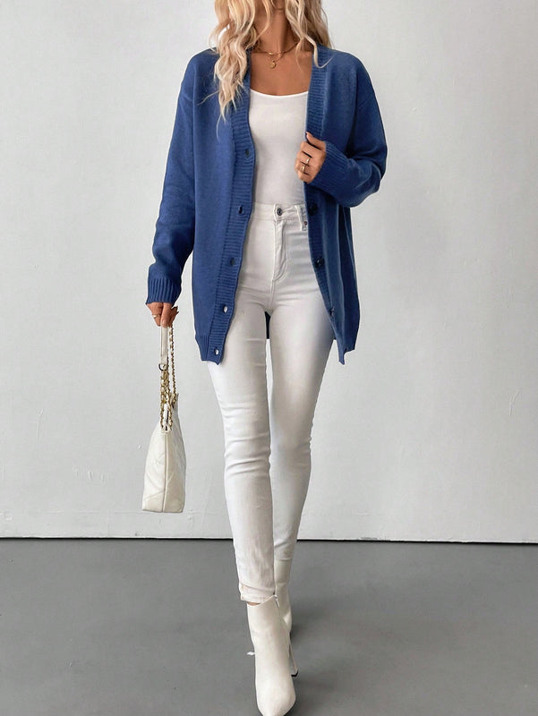 Essnce cardigan grueso y calido con cuello en v y botones para mujer, color azul