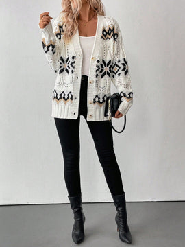 Essnce cardigan de mujer de cuello en v color albaricoque con patron de diamantes, grueso y calido
