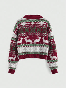 Romwe cardigan calido con diseno jacquard de renos rojos y arboles de navidad para mujer, para otono/invierno
