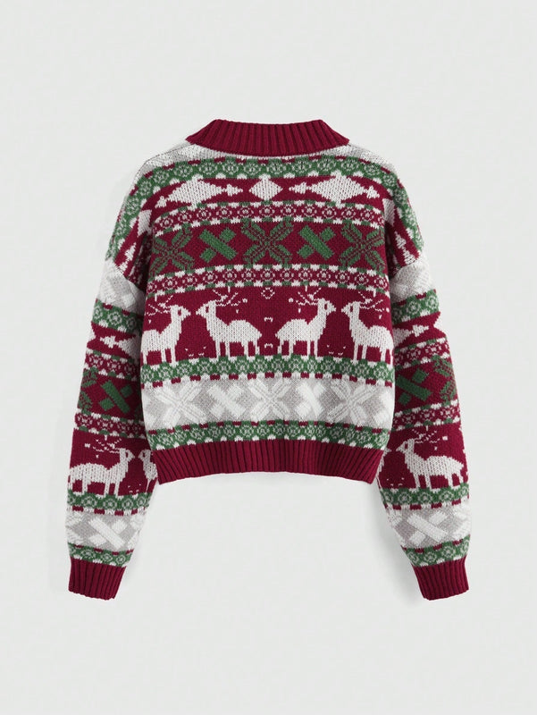 Romwe cardigan calido con diseno jacquard de renos rojos y arboles de navidad para mujer, para otono/invierno