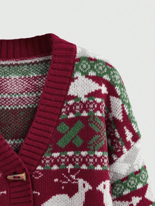 Romwe cardigan calido con diseno jacquard de renos rojos y arboles de navidad para mujer, para otono/invierno