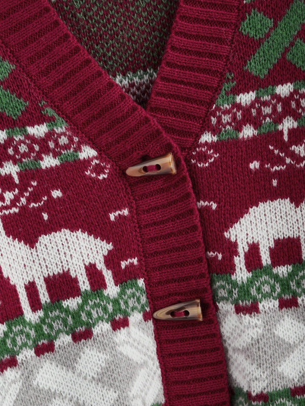 Romwe cardigan calido con diseno jacquard de renos rojos y arboles de navidad para mujer, para otono/invierno