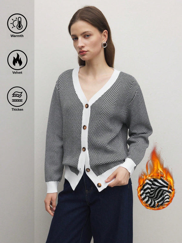 Bizwear cardigan de punto a color blanco y negro con forro de felpa, sudadera con capucha de manga larga, adecuado para uso de oficina, otono/invierno, accion de gracias