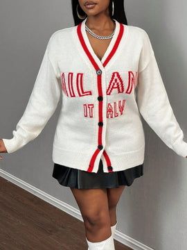 Slayr cardigan de punto con bloque de color y letras de estilo minimalista y casual