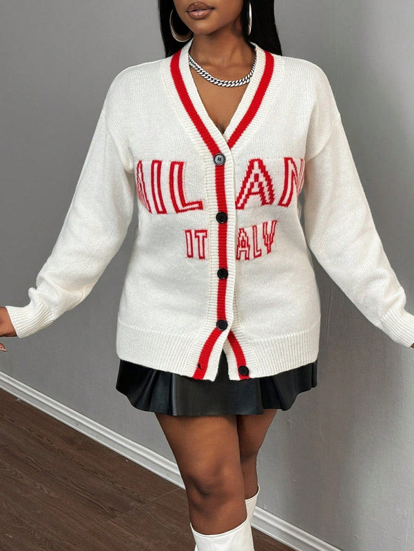 Slayr cardigan de punto con bloque de color y letras de estilo minimalista y casual