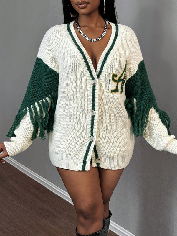 Slayr cardigan de punto con bloque de color y letras de estilo minimalista y casual