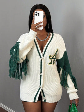 Slayr cardigan de punto con bloque de color y letras de estilo minimalista y casual