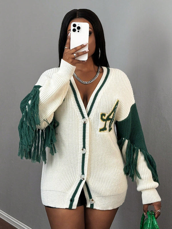 Slayr cardigan de punto con bloque de color y letras de estilo minimalista y casual