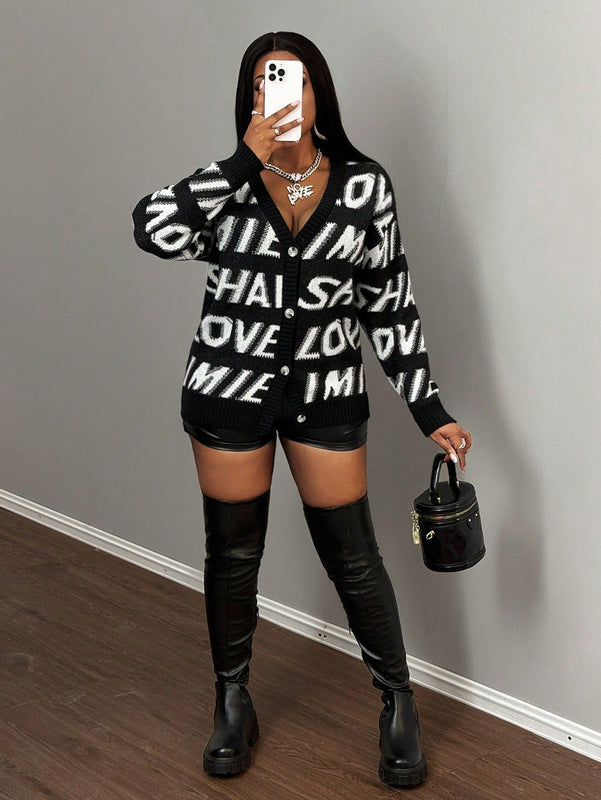Slayr cardigan de punto con bloque de color y letras de estilo minimalista y casual