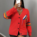 Slayr cardigan de punto con bloque de color y letras de estilo minimalista y casual