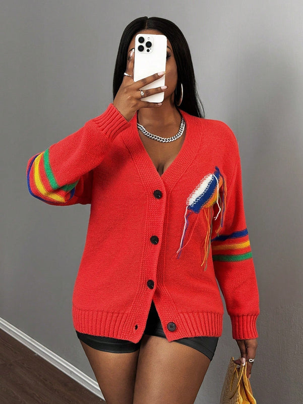 Slayr cardigan de punto con bloque de color y letras de estilo minimalista y casual