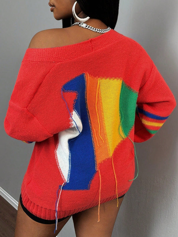 Slayr cardigan de punto con bloque de color y letras de estilo minimalista y casual