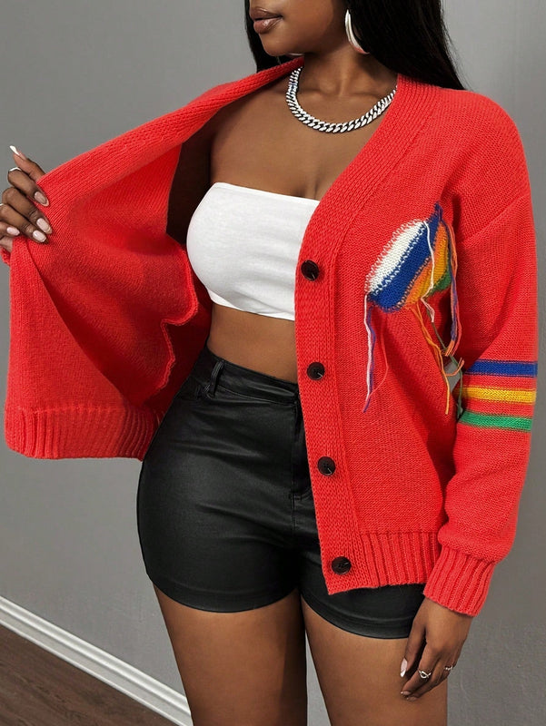 Slayr cardigan de punto con bloque de color y letras de estilo minimalista y casual