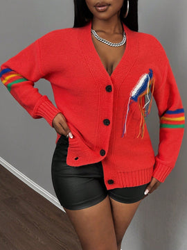 Slayr cardigan de punto con bloque de color y letras de estilo minimalista y casual