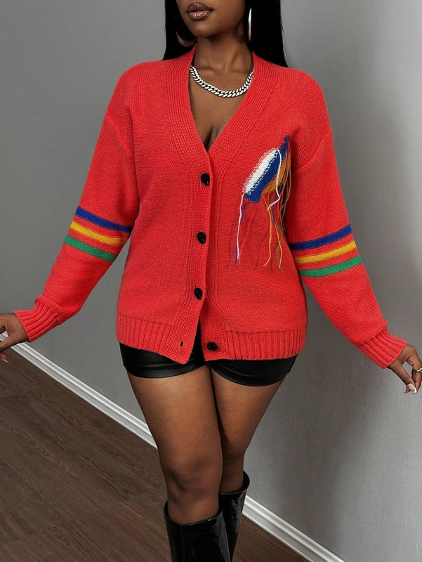 Slayr cardigan de punto con bloque de color y letras de estilo minimalista y casual