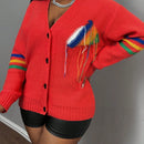 Slayr cardigan de punto con bloque de color y letras de estilo minimalista y casual