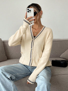 Frenchy cardigan casual suelto con botones y estampado de estrellas con hombros caidos, para otono/invierno