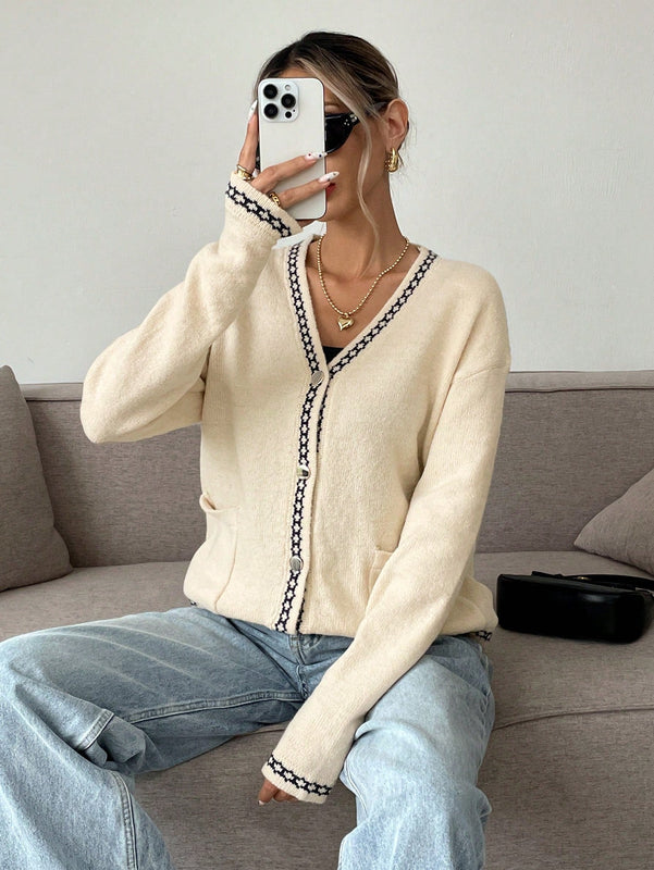 Frenchy cardigan casual suelto con botones y estampado de estrellas con hombros caidos, para otono/invierno