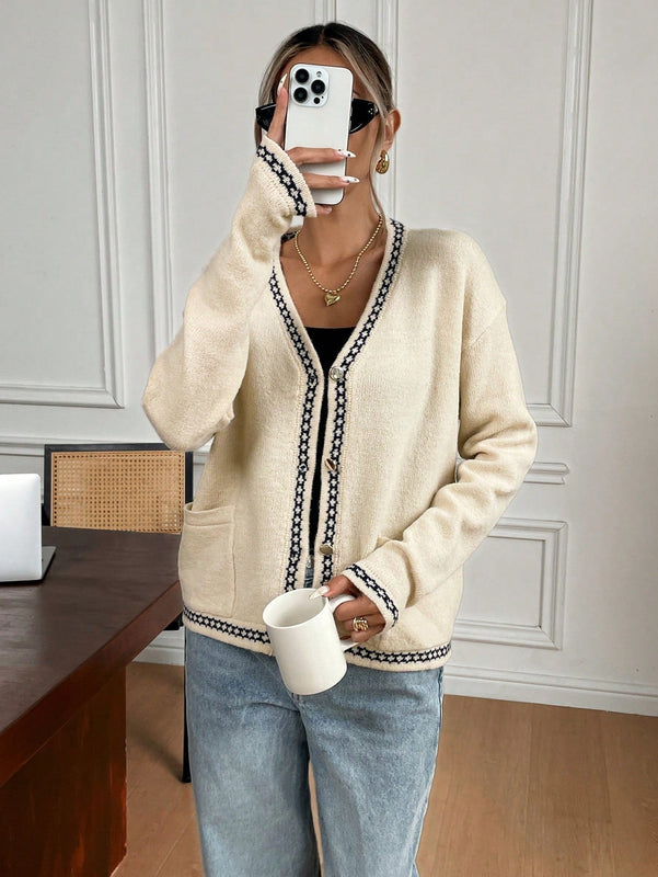 Frenchy cardigan casual suelto con botones y estampado de estrellas con hombros caidos, para otono/invierno