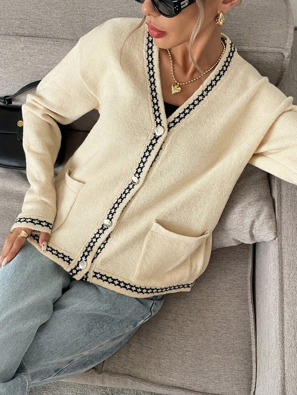 Frenchy cardigan casual suelto con botones y estampado de estrellas con hombros caidos, para otono/invierno