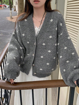 Dazy cardigan de punto con botones delanteros, cuello en v y estampado de lunares, de manga larga para mujeres