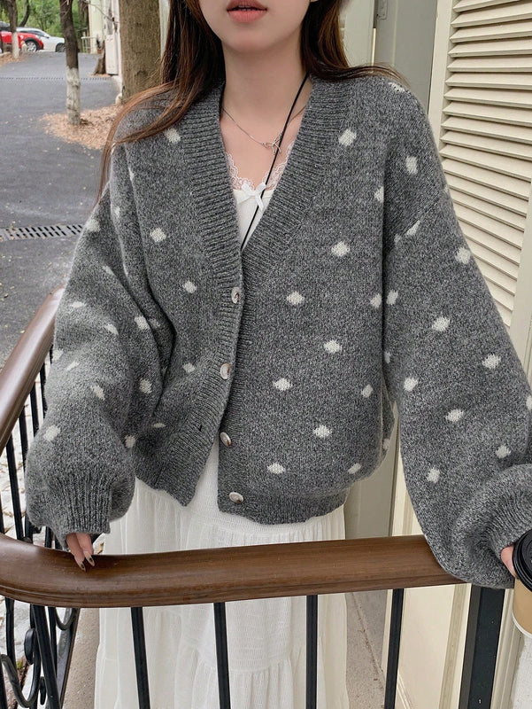 Dazy cardigan de punto con botones delanteros, cuello en v y estampado de lunares, de manga larga para mujeres