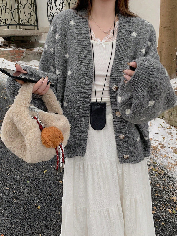 Dazy cardigan de punto con botones delanteros, cuello en v y estampado de lunares, de manga larga para mujeres