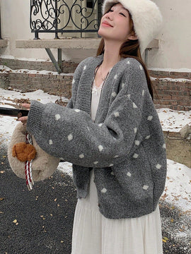 Dazy cardigan de punto con botones delanteros, cuello en v y estampado de lunares, de manga larga para mujeres
