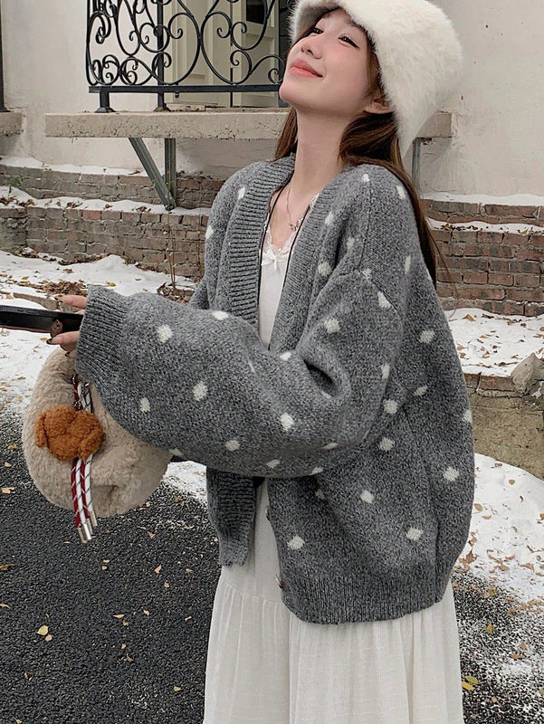 Dazy cardigan de punto con botones delanteros, cuello en v y estampado de lunares, de manga larga para mujeres