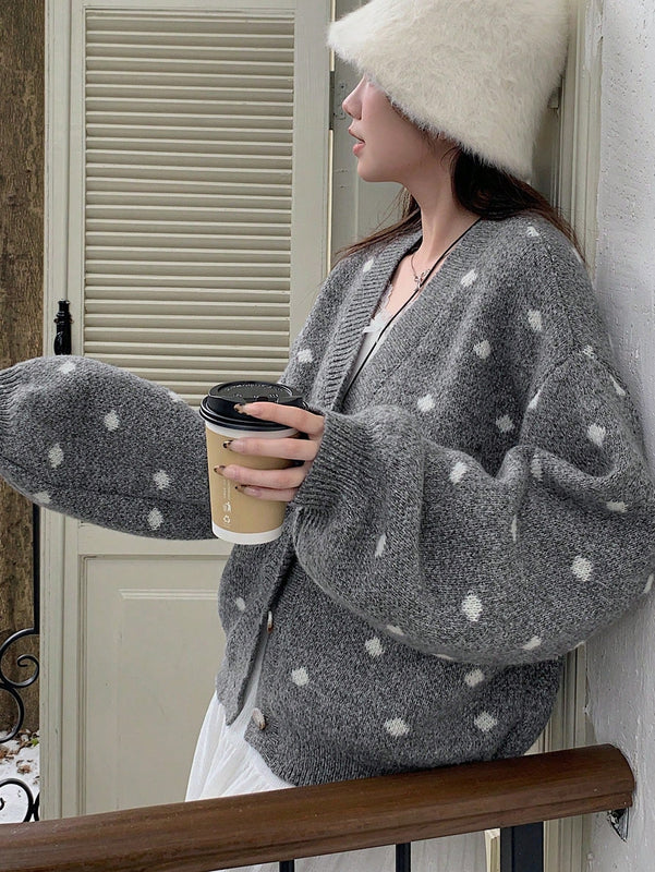 Dazy cardigan de punto con botones delanteros, cuello en v y estampado de lunares, de manga larga para mujeres