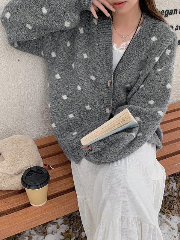 Dazy cardigan de punto con botones delanteros, cuello en v y estampado de lunares, de manga larga para mujeres