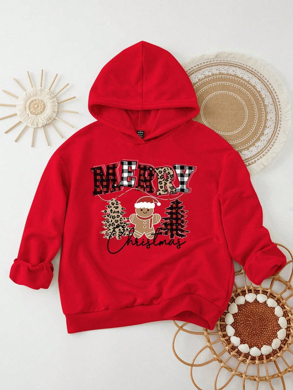 Ezwear sudadera con capucha de ajuste holgado y gruesa con estampado minimalista "feliz ano nuevo" de color rojo casual para mujer