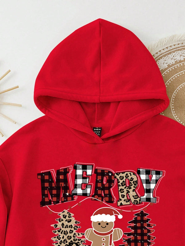 Ezwear sudadera con capucha de ajuste holgado y gruesa con estampado minimalista "feliz ano nuevo" de color rojo casual para mujer